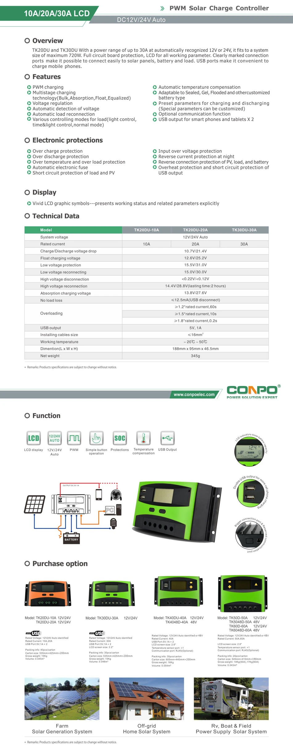 10A~100A, 12V/24V Auto., USB, LCD, PWM Solar Charger Controller